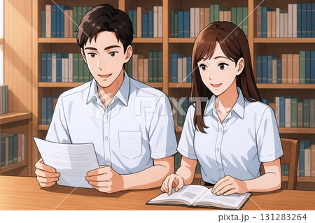 資料室で資料を確認する男女社員 131283264