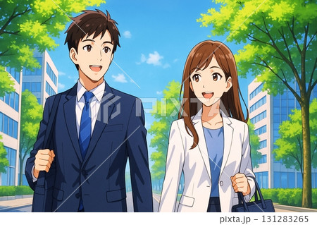 ビジネス街を歩くスーツ姿の男女 131283265