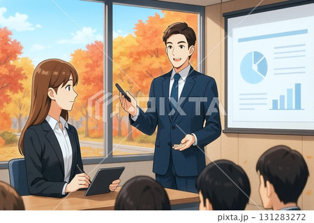 プレゼンテーションを行う若手ビジネスマンと聞き入る女性社員 131283272