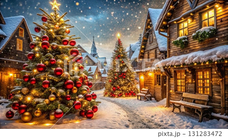 A cozy Christmas street scene, decorated Christmas tree with golden and red ornaments background  131283472
