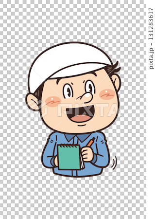 Illustration of a male worker working in a factory or on-site taking notes in a notebook | Unsafe behavior, unsafe conditions, and workplace accidents 131283617