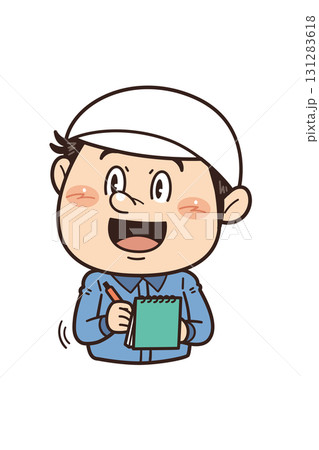 工場や現場で働く男性作業員がノートにメモを取るイラスト｜不安全行動・不安全状態・労働災害 131283618