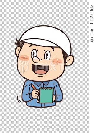 工場や現場で働く男性作業員がノートにメモを取るイラスト｜不安全行動・不安全状態・労働災害 131283618