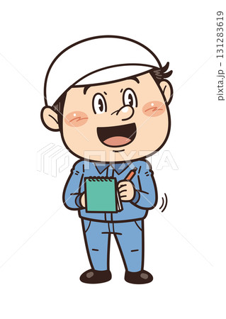 工場や現場で働く男性作業員がノートにメモを取るイラスト｜不安全行動・不安全状態・労働災害 131283619