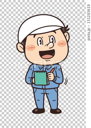 工場や現場で働く男性作業員がノートにメモを取るイラスト｜不安全行動・不安全状態・労働災害 131283619