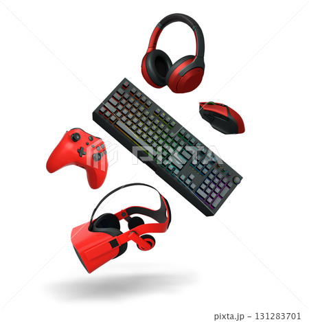 Gaming keyboard, mouse, controller and headphones floating in air, isolated on white background with clipping path. 131283701