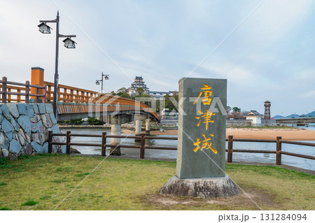Iconic Jyounai bridge to Karatsu castle in city against blue sky, Saga 131284094