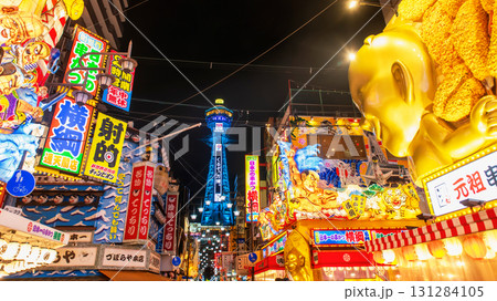 Shinsekai Osakas New World and Tsutenkaku tower light up, Japan 131284105