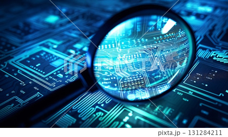 回路基板と虫眼鏡、テクノロジー、バグ、データ分析 131284211