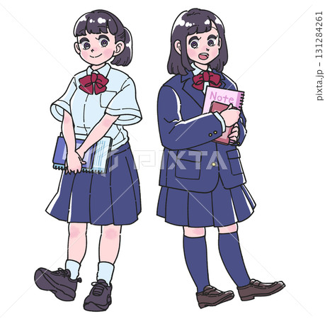 夏服と冬服の制服を着た女子生徒の全身イラスト 131284261