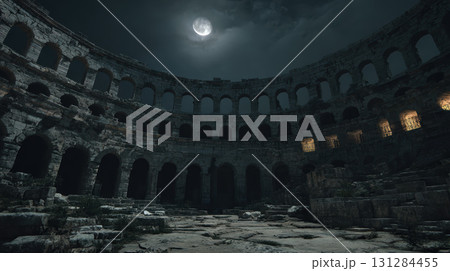 Ancient Roman coliseum ruins under moonlight, dramatic shadows, historic stone architecture Ancient Roman coliseum ruins under moonlight, dramatic shadows, historic stone architecture 131284455