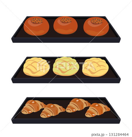 天板にのった、あんぱん、メロンパン、クロワッサンのベクターイラスト 天板にのった、あんぱん、メロンパン、クロワッサンのベクターイラスト 131284464