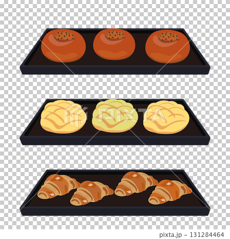 天板にのった、あんぱん、メロンパン、クロワッサンのベクターイラスト 天板にのった、あんぱん、メロンパン、クロワッサンのベクターイラスト 131284464