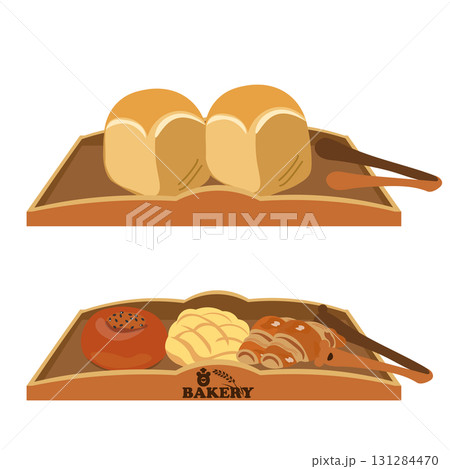木製のトレーにのった食パンといろんなパンのベクターイラスト 131284470