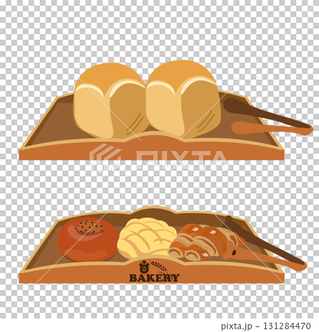 木製のトレーにのった食パンといろんなパンのベクターイラスト 131284470