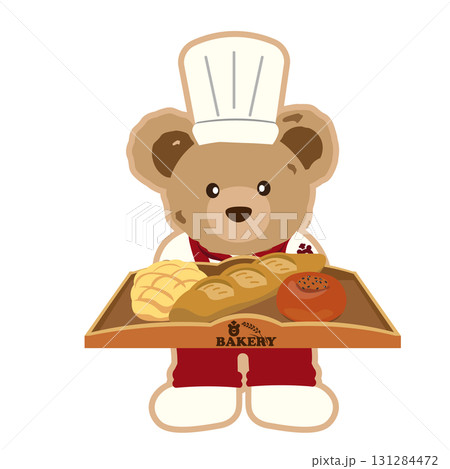 木製のトレーにいろんなパンをのせて持つクマのぬいぐるみのイラスト 131284472