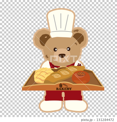 一隻泰迪熊拿著一個木托盤，托盤上放著各種麵包的插圖 131284472