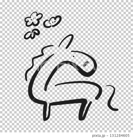 毛筆畫松竹梅與可愛馬2026年素材水墨畫單色 131284605