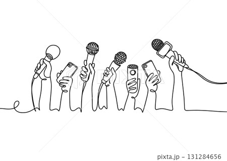 Press Conference Continuous One Line Drawing Vector. Journalism and Media Interview with Microphones Vector. Press Conference Continuous One Line Drawing Vector. Journalism and Media Interview with Microphones Vector. 131284656
