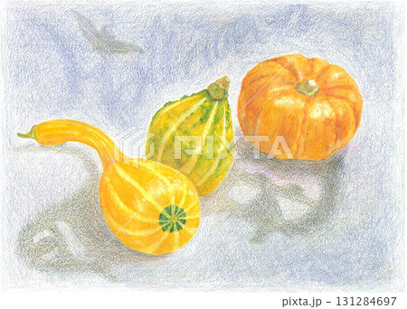 水彩色鉛筆で描いたハロウィンを彩るカボチャのイラスト 水彩色鉛筆で描いたハロウィンを彩るカボチャのイラスト 131284697