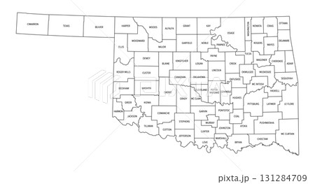 State of Oklahoma, divided into 77 counties, outline map. State in the South Central and Southwestern region of the United States, nicknamed Native America, Land of the Red Man, and Sooner State. 131284709