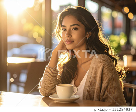 AI生成画像　カフェでコーヒーを飲む若い女性のポートレート 131284937