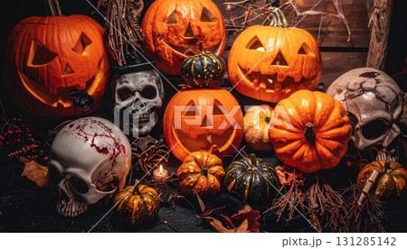 ハロウィンのかぼちゃとスカルの飾り generative ai ハロウィンのかぼちゃとスカルの飾り generative ai 131285142