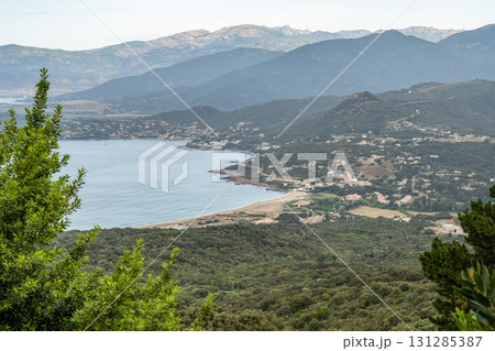 Spectacular view Golf at Sagone Corsica France beautyful sand Beach boats mountain village Tourism and vacations concept 131285387
