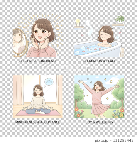 Healthy mentality and self care illustration set. Happy woman feel confident, relax, accept and love herself. Selfcare and acceptance concept. illustration design. 131285445