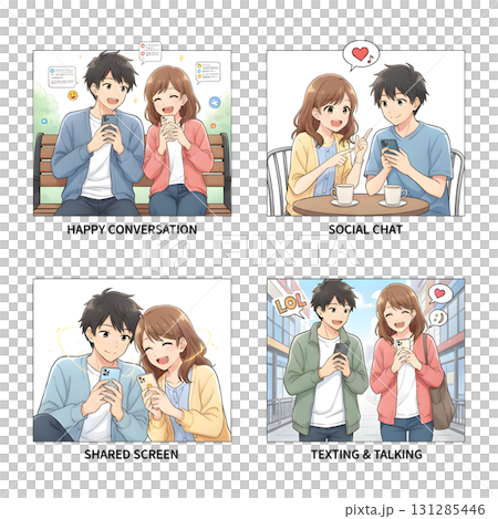 Young People Looking on Smartphones and Chatting. Happy Boys and Girls talking and typing on Phone. Female and Male Characters collection. Flat Cartoon Illustration. 131285446