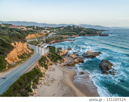 Spectacular view Golf at Sagone Corsica France beautyful sand Beach santana mountain village Tourism vacations concept Spectacular view Golf at Sagone Corsica France beautyful sand Beach santana mountain village Tourism vacations concept 131285524