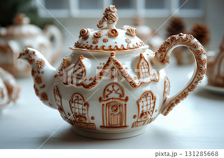 Culinary art. Gingerbread house shaped ceramic teapot with lid on a white background. Christmas atmosphere. 131285668