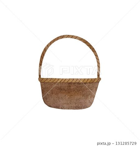 Watercolor woven basket. Empty woven basket with handle isolated on white background. Watercolor woven basket. Empty woven basket with handle isolated on white background. 131285729
