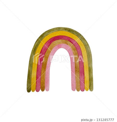 Watercolor pastel rainbow. Rainbow in light green, yellow, pink on white background. Watercolor pastel rainbow. Rainbow in light green, yellow, pink on white background. 131285777