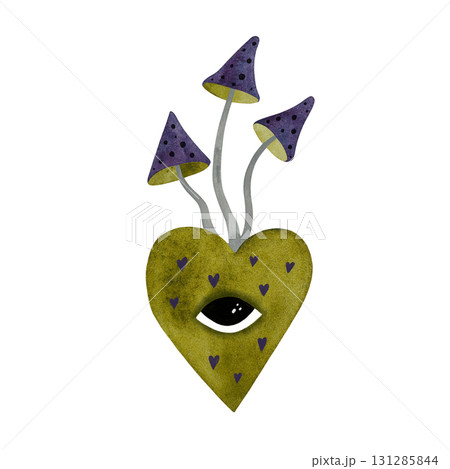 Watercolor forest heart with mushroom. Green heart with eye and purple green mushrooms isolated on white. Watercolor forest heart with mushroom. Green heart with eye and purple green mushrooms isolated on white. 131285844