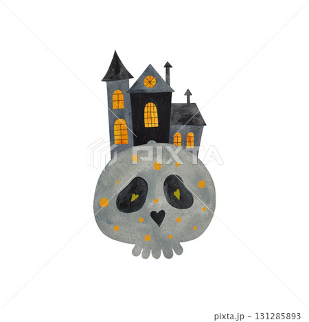 Watercolor spooky skull. Gray skull with haunted house on top in black, gray, orange isolated on white. 131285893