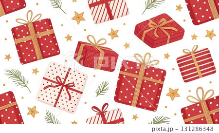 Seamless pattern of cute red christmas gift boxes background  131286348
