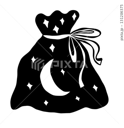 Magic Witch Bag with Moon and Stars. Isolated Textured Doodle Hand Drawn. Black Vector Sketch for design. Not AI 131286375