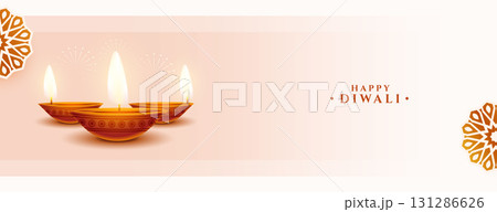 happy diwali greeting wallpaper with realistic diya 131286626