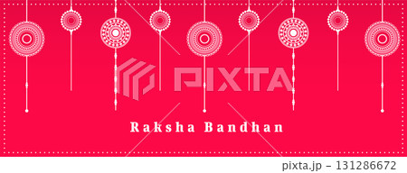happy raksha bandhan greeting banner with hanging rakhi 131286672