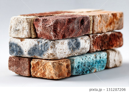 Ceramic bricks. Stacked bricks with a trowel and mortar. Close-up. Textured and ready for construction. 131287206