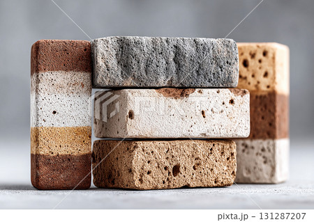 Natural brick. Stacked bricks with a trowel and mortar. Close-up. Textured and ready for construction. 131287207