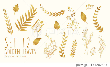 premium set of golden leaves banner in modern style 131287583