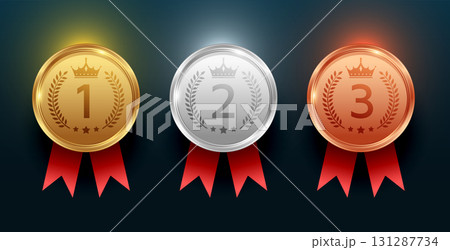 set of gold, silver and bronze winning numbers medal design 131287734