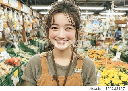 美優シリーズ：スーパーのバックヤードでエプロン姿の美優が開店前の準備をしているシーン 131288167