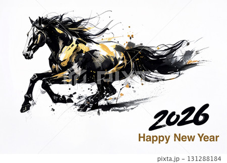 午年2026、美しく走る黒い馬、かっこいい競走馬、年賀状イラスト素材 131288184