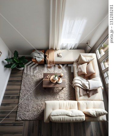 Cozy Living Room: Serene Neutral Design with Natural Light 131288281