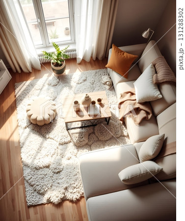 Cozy Living Room Interior with Natural Light and Soft Textures 131288302