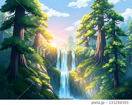 Serene Cascade Amidst Verdant Forest Sunlight Glow 131288303