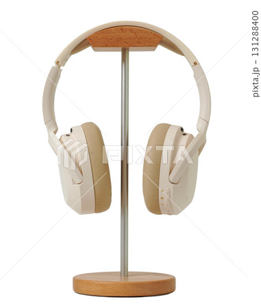 Minimal style white wireless headphone on wooden stand isolated on white background with clipping path 131288400